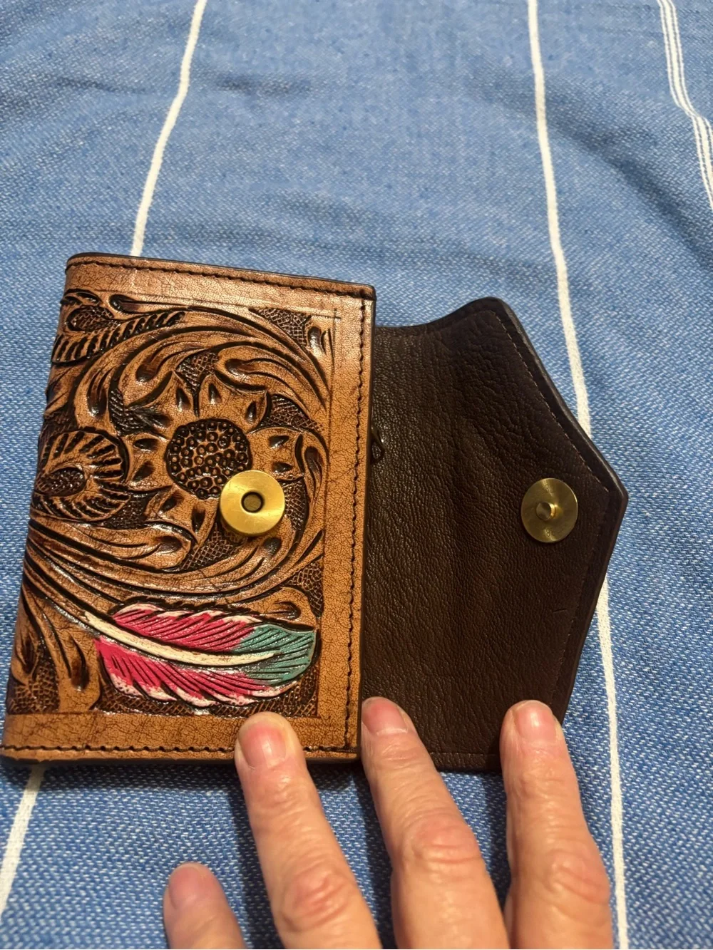 Hand-Tooled Floral Leather Wallet with Pink Accent